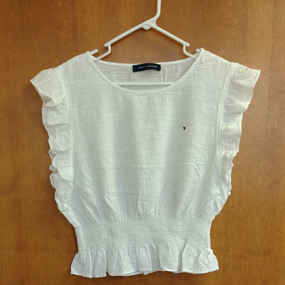 Tommy Hilfiger Flutter Sleeve Women's White Textured Top